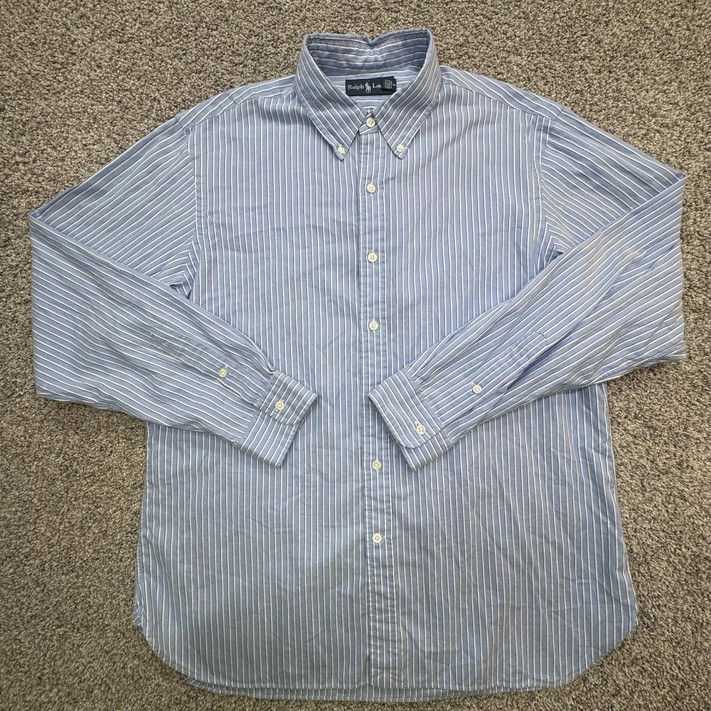 Polo Ralph Lauren Size 17 43 Blue Stripe Custom Fit Button Up Dress Shirt - Picture 2 of 7